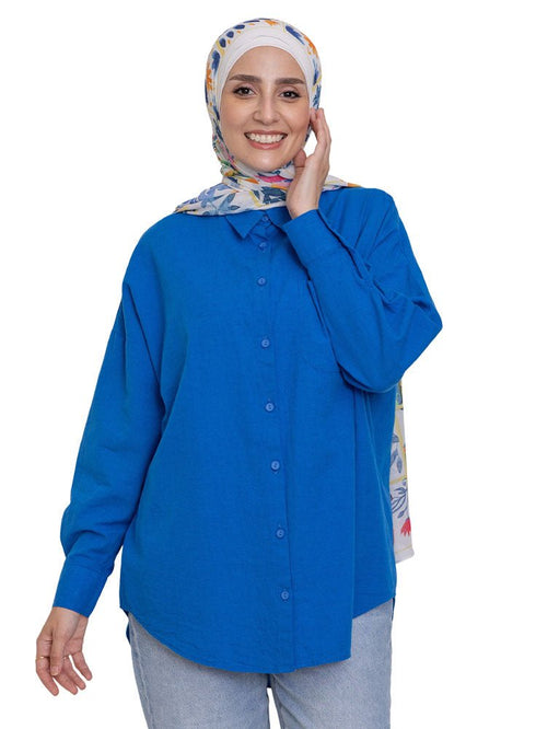 Royal Blue Linen Pocket Over Size Shirt - Khotwh